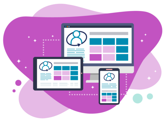 Graphic of emPerform employee management software. Accessing reports and dashboards on mobile, tablet, laptop and desktop devices