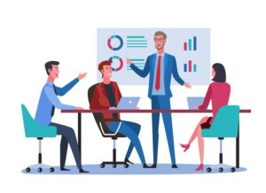 blog feature image manager as developer model - Business meeting. Business people discussing together in conference room. Manager giving speech and presenting charts